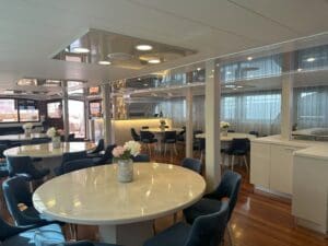 a room with tables and chairs